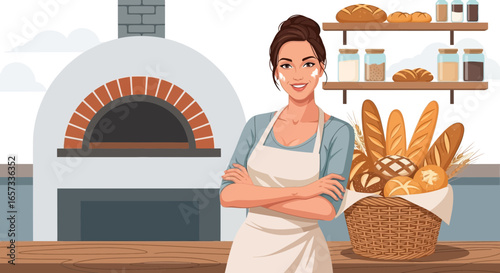 Smiling baker in apron stands beside a rustic bread oven and filled basket