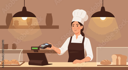 Smiling Bakery owner handling payment terminal in a cozy shop setting