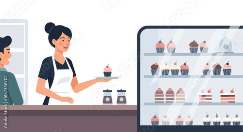 Vibrant bakery scene with cheerful waitress serving fresh cupcake order