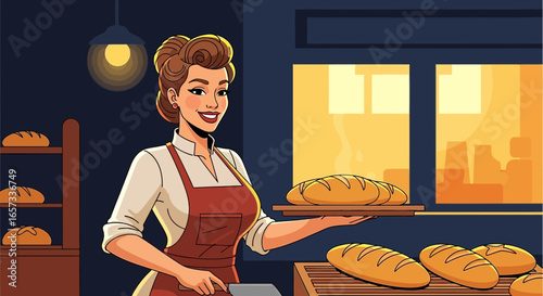 Vintage bakery scene featuring a smiling woman holding freshly baked bread