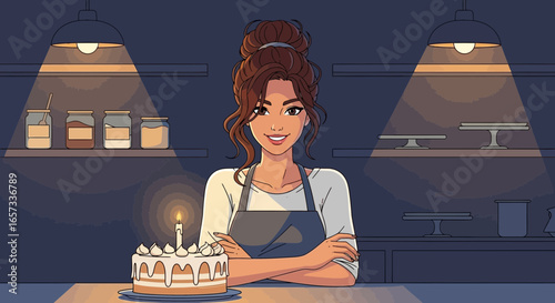 Warm smile of baker next to her birthday cake with candle burning bright