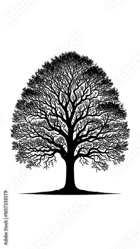 A stylized black silhouette of a large, full tree with a rounded crown against a white background