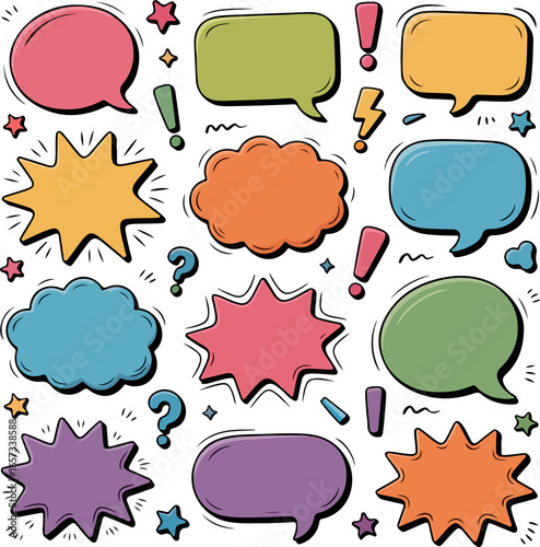 Colorful speech bubbles with doodle stars for expressive message or conversation design element on dark backdrop