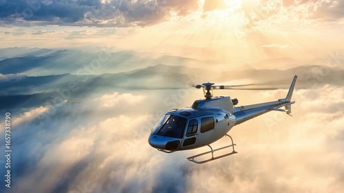 Helicopter soaring above clouds during sunset, showcasing breathtaking mountain scenery