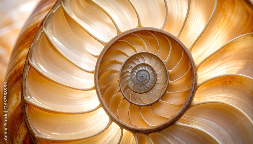 Obraz premium Stunning cross-section of a chambered nautilus shell revealing the intricate beauty of its Fibonacci spiral and pearly interior