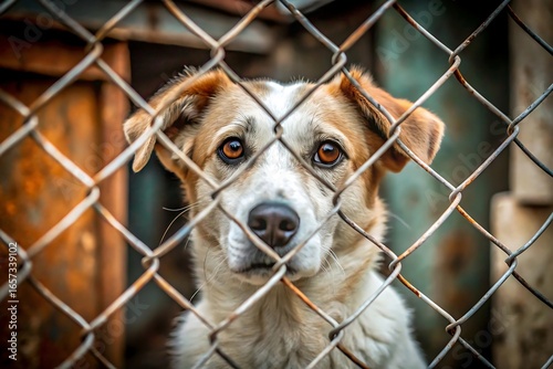 Fototapeta Naklejka Na Ścianę i Meble -  Sad dog looking through a metal fence in a shelter for abandoned animals