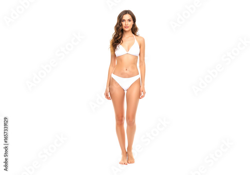 Young woman in white bikini isolated on transparent background