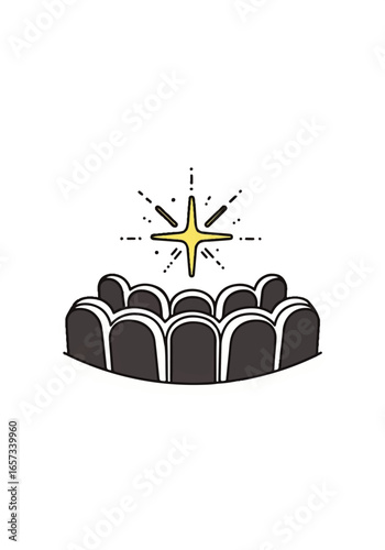 Audience watching a bright star with radiating light and dots