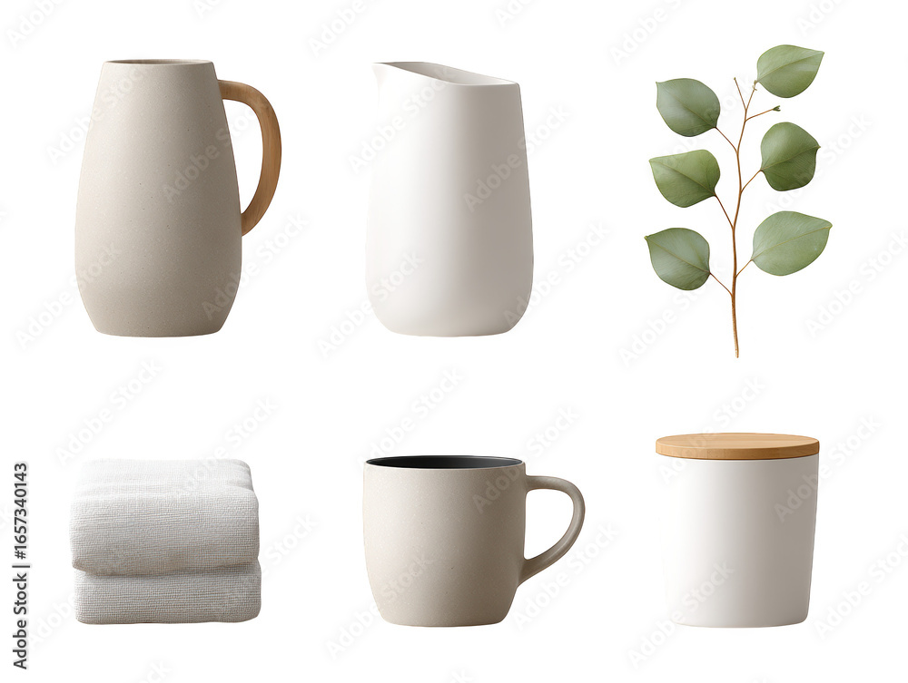 Obraz premium A beautifully arranged collection of rustic white and earthy brown ceramic mugs alongside a vibrant green houseplant creating a serene and cozy still life composition for home decor inspiration