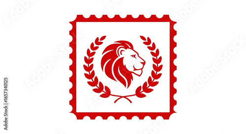 Red Lion Head Emblem Within a Perforated Stamp Border