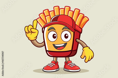 Cartoon french fries character with a cap pointing up with his finger