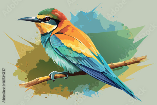 A colorful beeeater bird perched on a branch with vibrant feathers and plumage