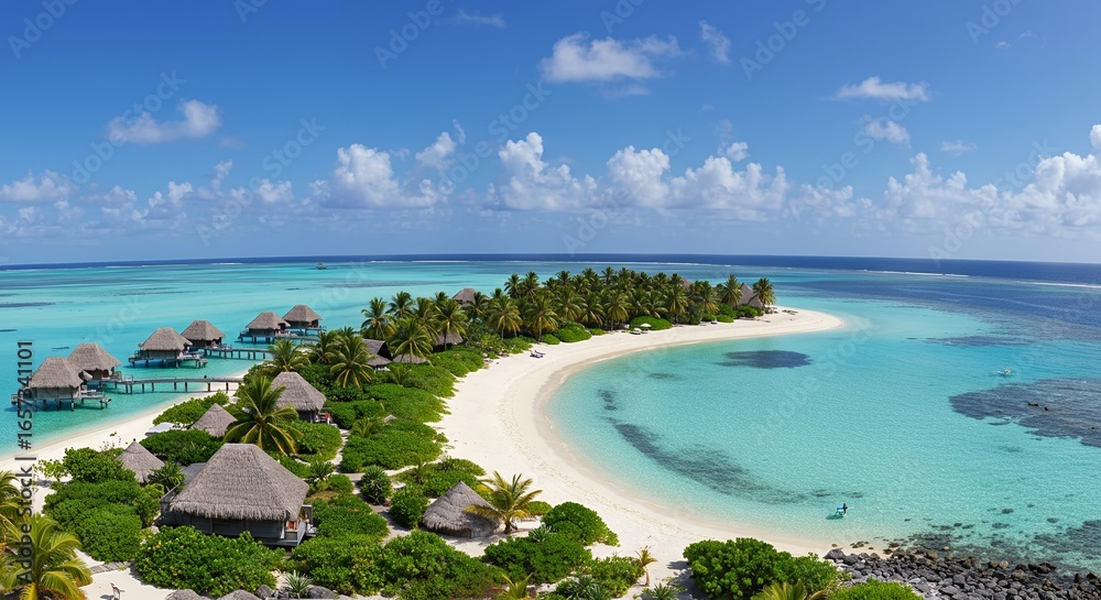 Fototapeta premium Stunning tropical paradise with overwater bungalows and turquoise water perfect for vacations