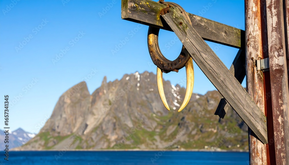 Fototapeta premium Wooden structure with animal tusks against a mountain backdrop