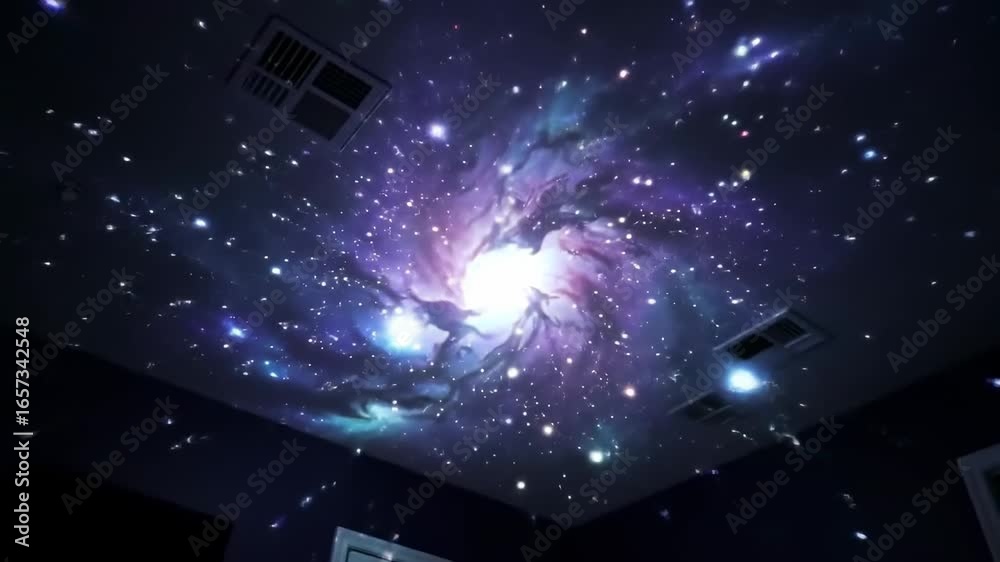 Simulated night sky projection on ceiling starry pattern in purple blue pink colors for indoor spaces