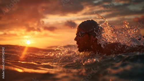A stunning shot of a swimmer in the open ocean, with a vibrant sunset in the background. The scene is epic and full of natural beauty.