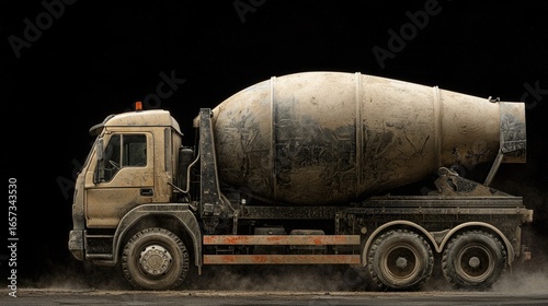 A heavily soiled concrete mixer truck on a dark background.