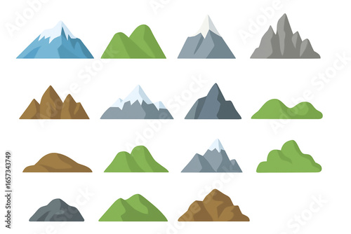 Mountain Icon Collection Flat Vector Rocks Hills Peaks and Scenic Landscapes for Outdoor Travel and Design