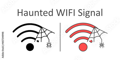 Haunted Wi-Fi Signal — spooky Wi-Fi bars with cobwebs and dangling spider, Halloween tech connection icon.