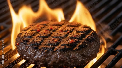 Juicy grilled burger patty cooking over vibrant flames on a barbecue grill.