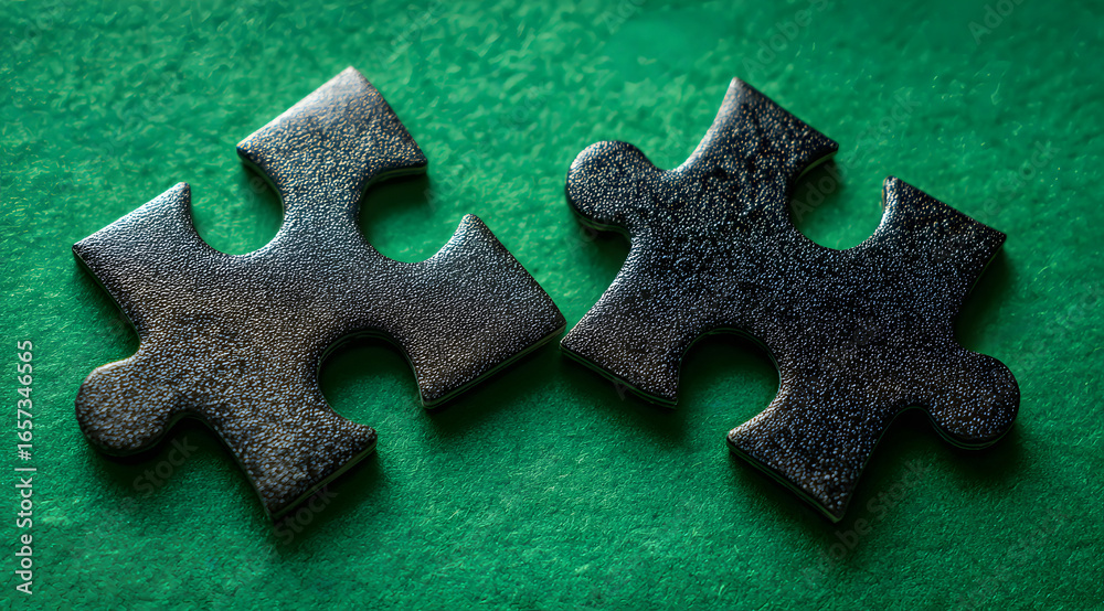 Fototapeta premium two black puzzle pieces placed on vibrant green background in close perspective view symbolizing collaboration teamwork and creative problem solving for corporate strategy