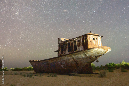 Abandoned Aral Sea Boat Under the Stars