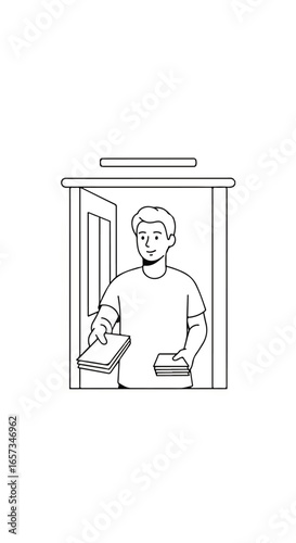Cheerful young man distributing pamphlets from a booth