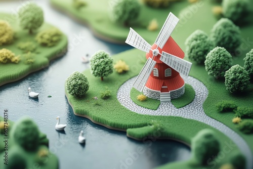 Miniature Windmill on Green Island with Trees and Swans in Water Scene