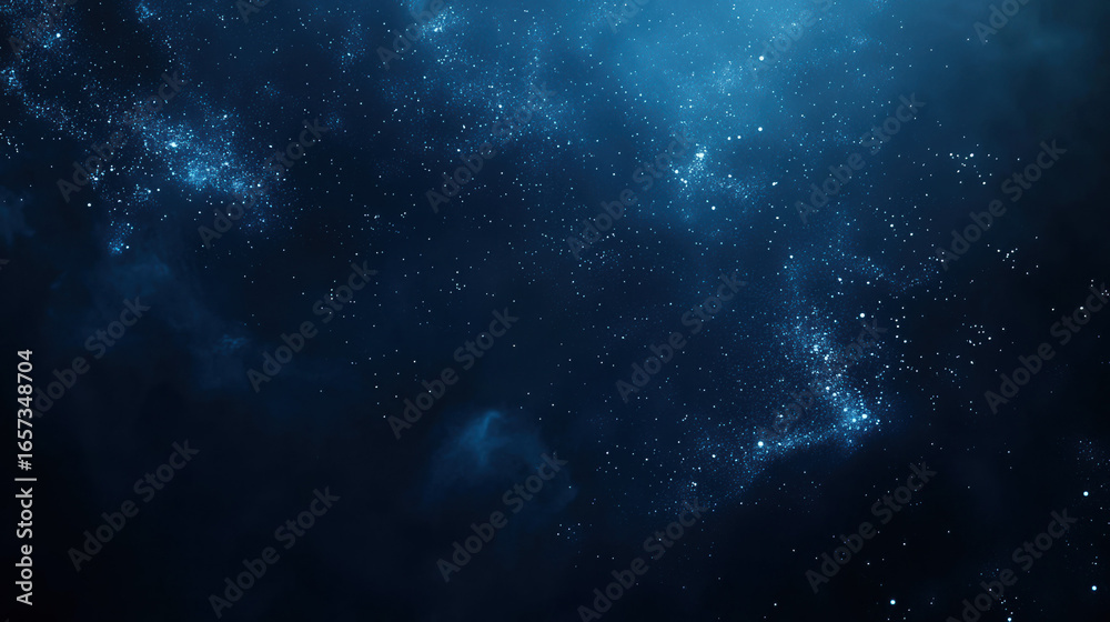 A dark blue background with particles or elements randomly drifting in space. 