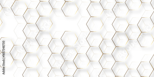 Abstract white background with gold hexagons seamless pattern and geometric in vector design. Futuristic blue neon honeycombs. Modern technology design .Minimal style website banner, decoration .