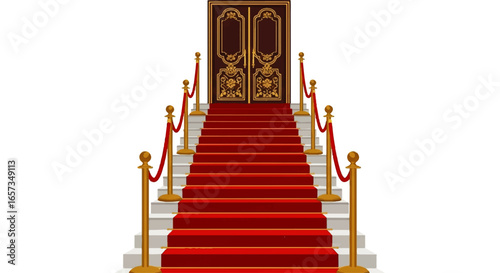Ornate Double Doors atop a Grand Staircase with Red Carpet and Stanchions