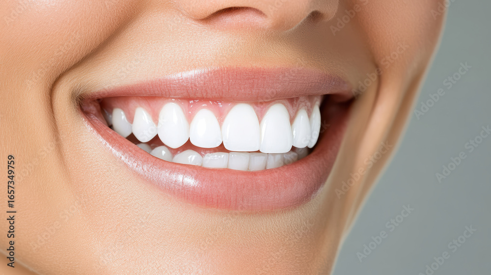 Fototapeta premium Bright smile with perfect white teeth and dimples, radiating happiness and confidence