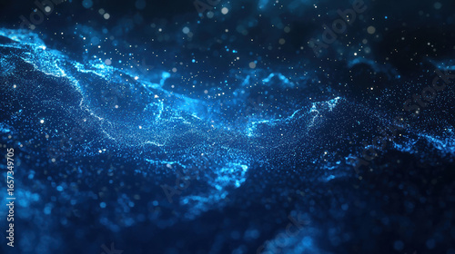 A dark blue background with particles or elements randomly drifting in space. 