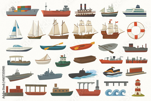 Maritime and Nautical Vessels 3D Isometric Vector Icons Set Ships Sailboats Yachts Cargo Tankers Ferries Submarines Harbor Dock Lighthouse White Background