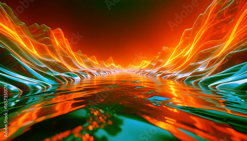 Futuristic chrome river with glowing orange-blue gradients, cinematic shine, 8K reflective abstract texture.
