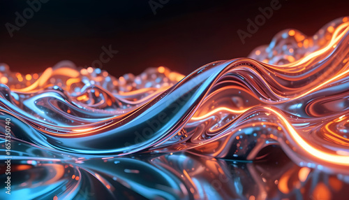 Abstract liquid mercury flow, neon light accents, smooth glassy metallic surface, ultra realistic, HD design.
