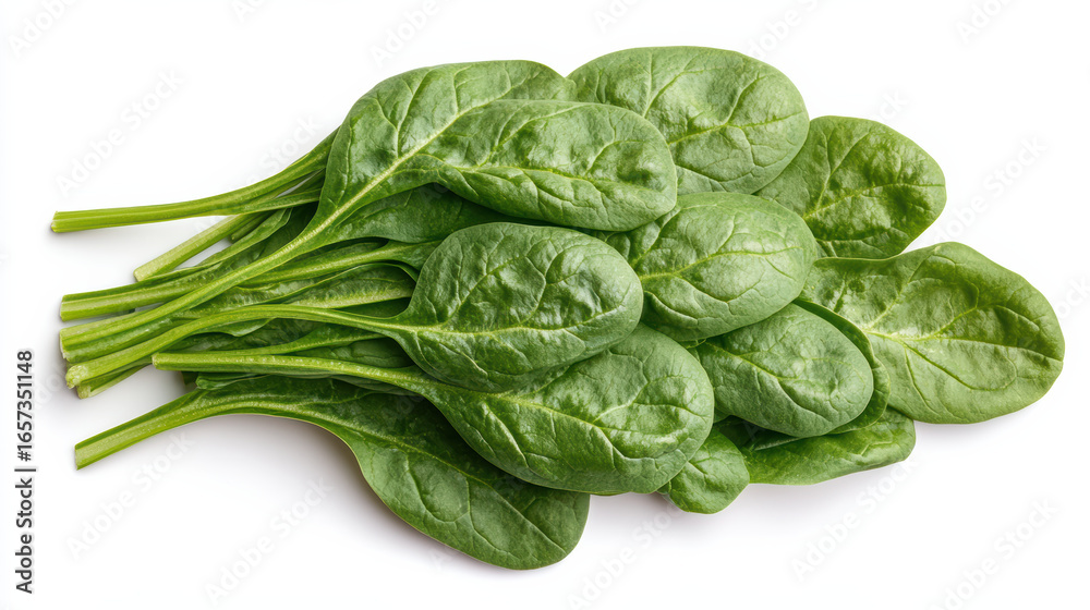Obraz premium Fresh spinach leaves arranged in fan shape, vibrant green and healthy