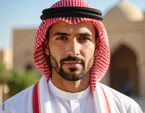 Sunlit Portrait of a Confident Arab Man with an Intense Gaze in Traditional Attire