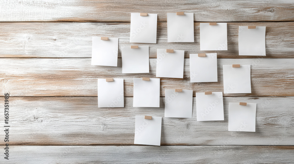 Naklejka premium Blank sticky notes arranged on wooden surface create clean and organized workspace