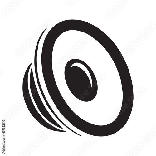 Dynamic audio speaker icon. Stylized music sound system symbol in 3D perspective. Black silhouette vector illustration for logo, bass, or volume concept.
