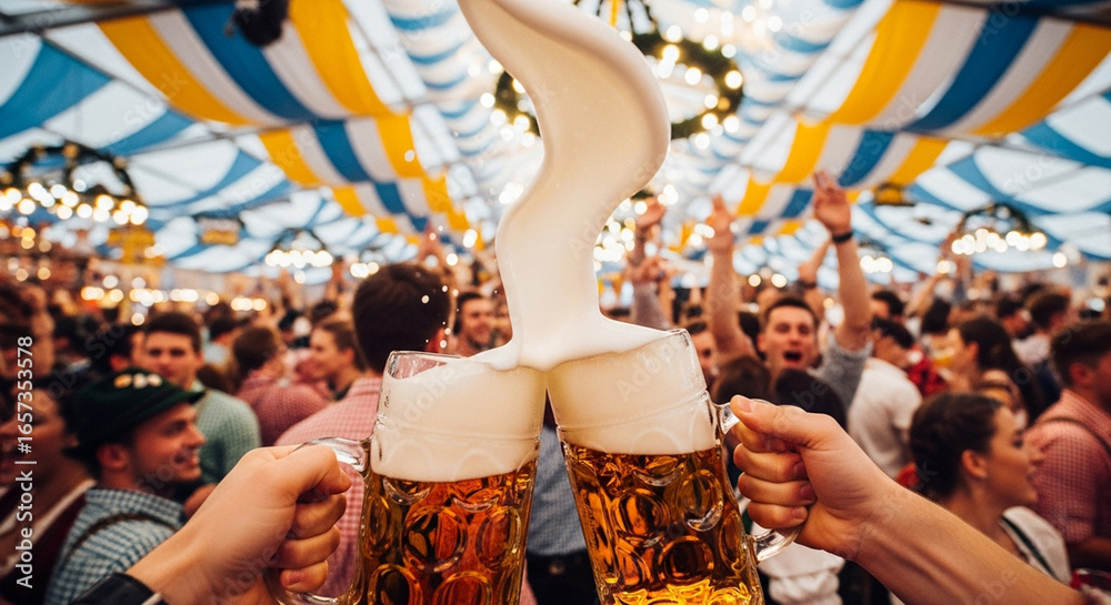 Fototapeta premium Festive Oktoberfest Beer Tent Celebration With Crowd and Overflowing Mugs