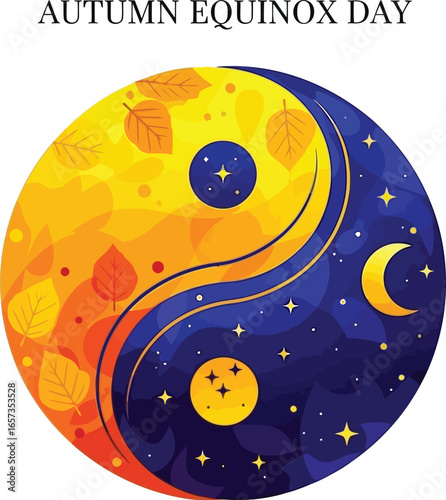 Autumn equinox day illustration with yin yang symbol for seasonal content, greeting cards, and social media posts about autumn