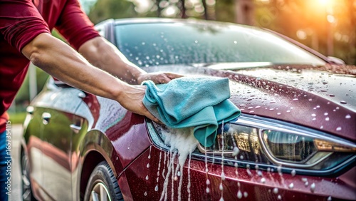 Man wiping down a maroon car with a blue microfiber towel after washing