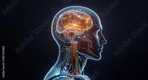 Futuristic Human Brain with Glowing Neural Connections in Transparent Head