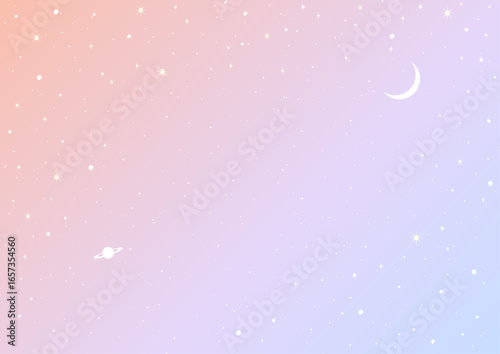 パステルカラーのグラデーションに輝く星空と三日月、土星を描いた幻想的な夜空のベクター背景