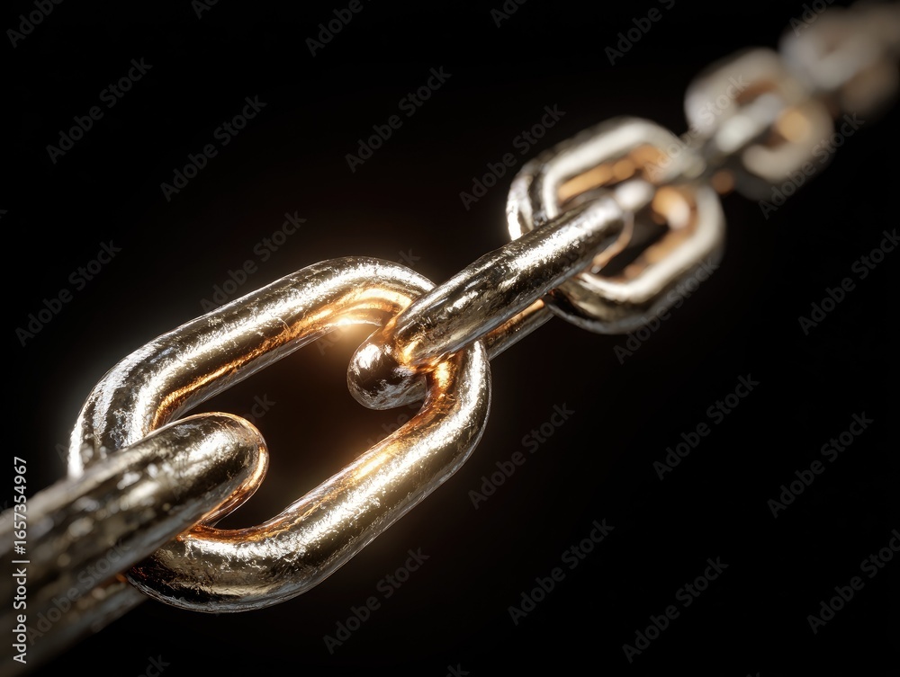 Fototapeta premium Close-up of a metallic chain, gleaming brightly against a dark background