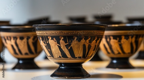 Ancient Greek Kylix (drinking cup), black-figure pottery style, depicting a symposium scene, figures subtly move as if in a dream, museum lighting 
