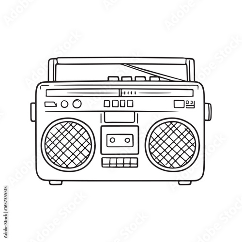 Retro boombox line art illustration. Vintage portable radio and cassette player sketch for coloring book. Old school ghetto blaster icon.
