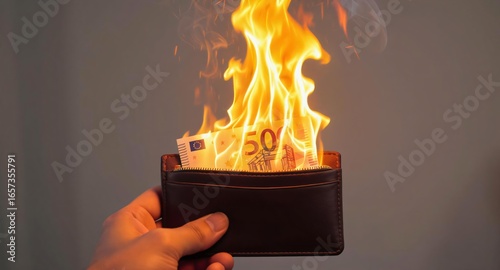 Burning Wallet with Euro Banknotes Symbolizing Financial Crisis