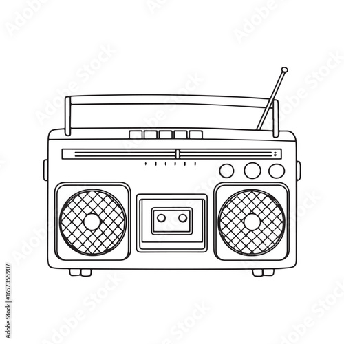 Retro boombox line art illustration. Vintage portable radio and cassette player sketch for coloring book. Old school ghetto blaster icon.
